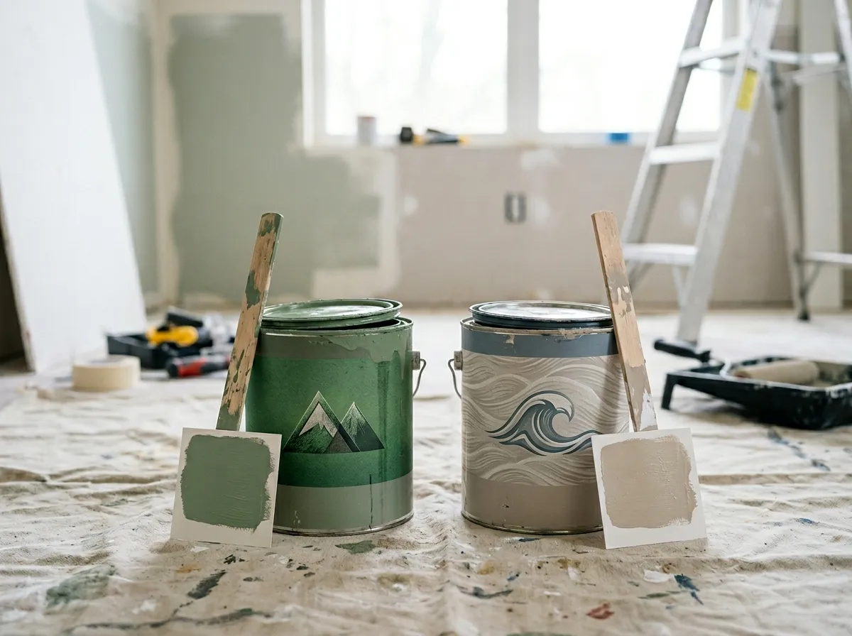 Benjamin Moore Eco Spec and Sherwin-Williams Harmony paint cans side by side