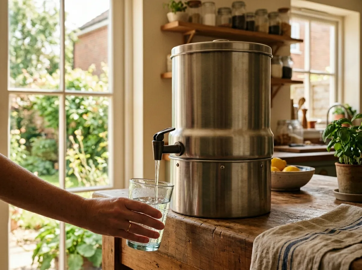 Stainless steel gravity water filter on a kitchen counter next to a glass of filtered water