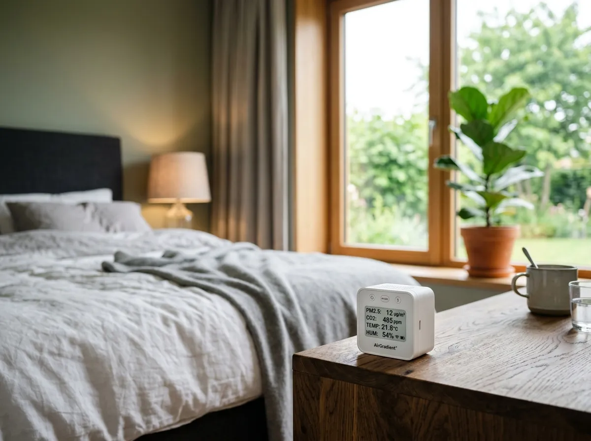 Indoor air quality monitor displaying PM2.5, CO2, and VOC readings on a shelf in a modern living room