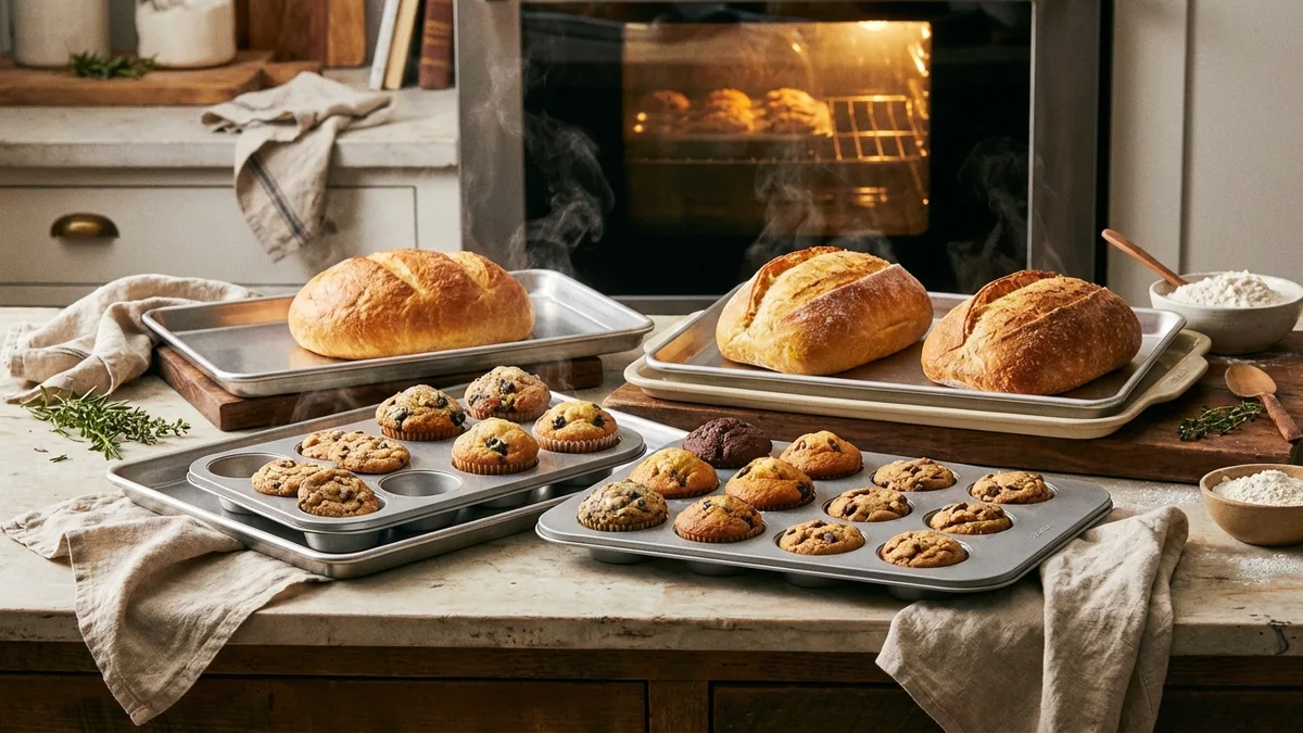 Non-toxic bakeware including stainless steel and aluminized steel baking sheets and muffin tins on a kitchen counter