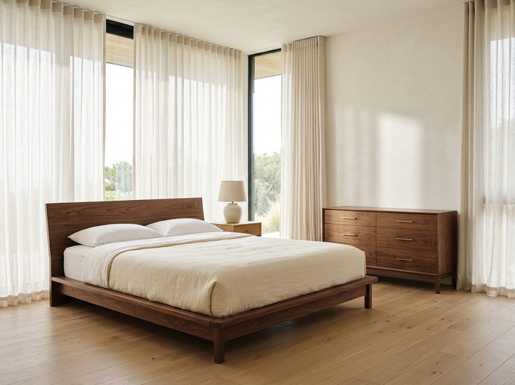 Minimalist non-toxic bedroom with solid wood bed frame, organic linen bedding, and wood dresser in a luxury master suite