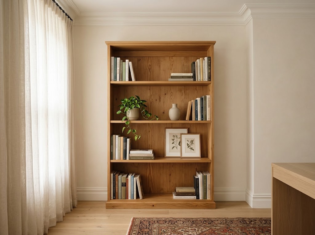 Tall solid pine bookcase with curated books, a trailing plant, and ceramic vase in a luxury minimalist home library