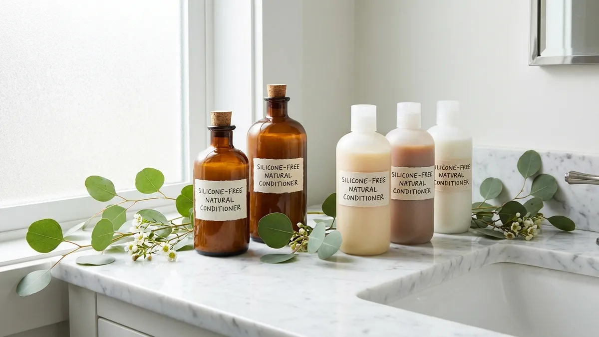 Non-toxic conditioner bottles next to combs and fresh herbs on a marble bathroom counter