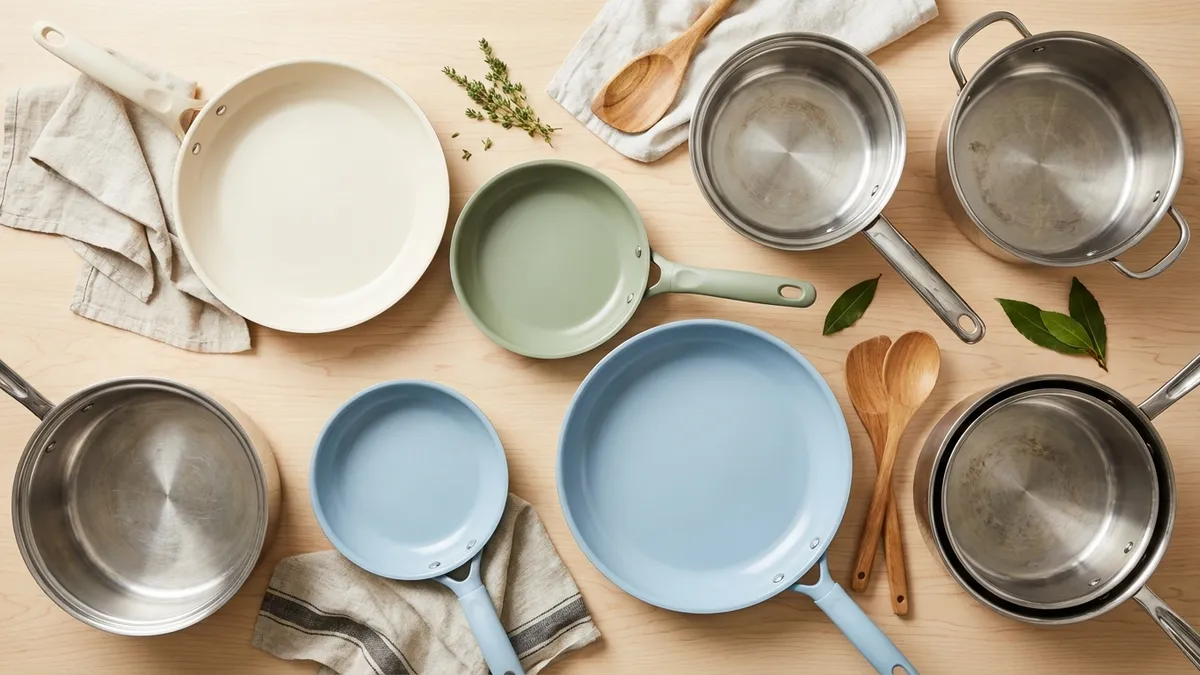 Non-toxic cookware under $100 including cast iron skillet and stainless steel pan on a wooden cutting board
