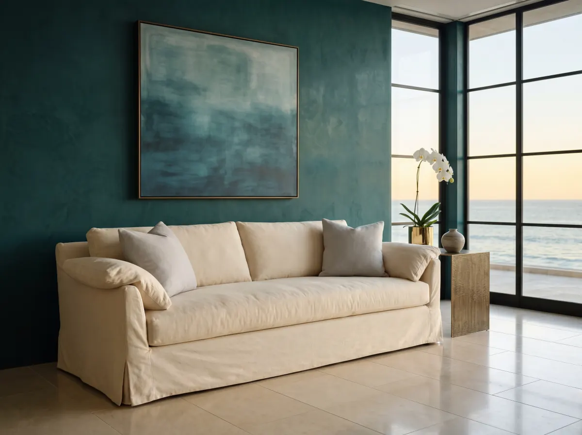 Modern non-toxic sofa in a bright living room with natural materials