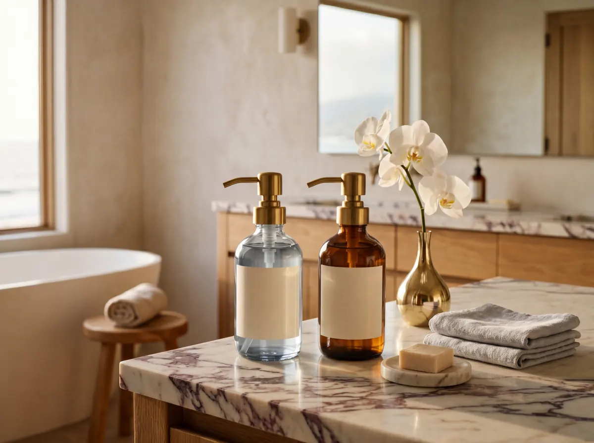 Non-toxic face wash and cleanser bottles on bathroom shelf