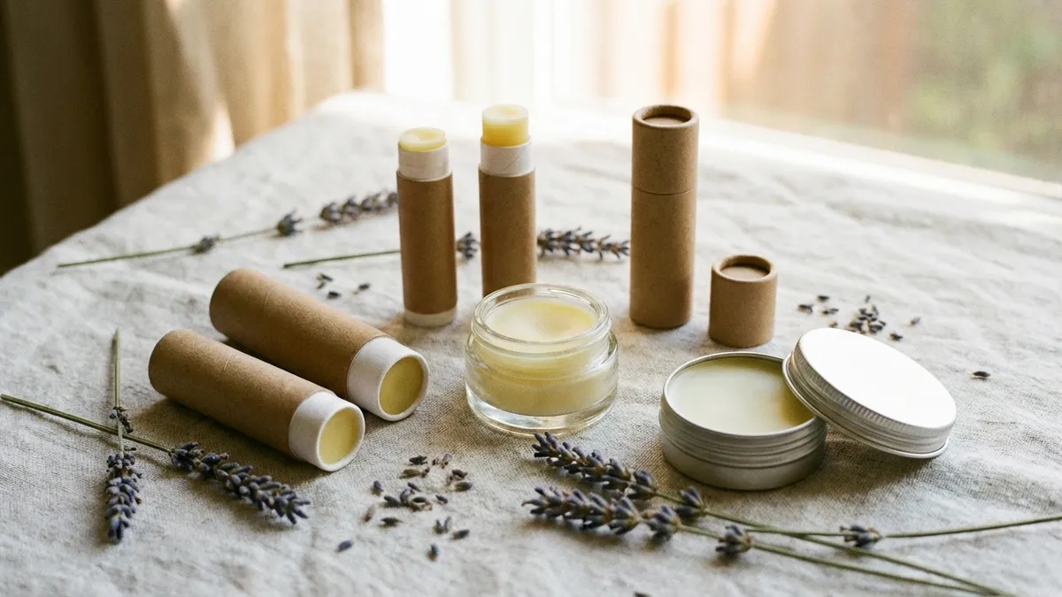 Non-toxic lip balms with beeswax and shea butter bases in minimal packaging on a linen cloth