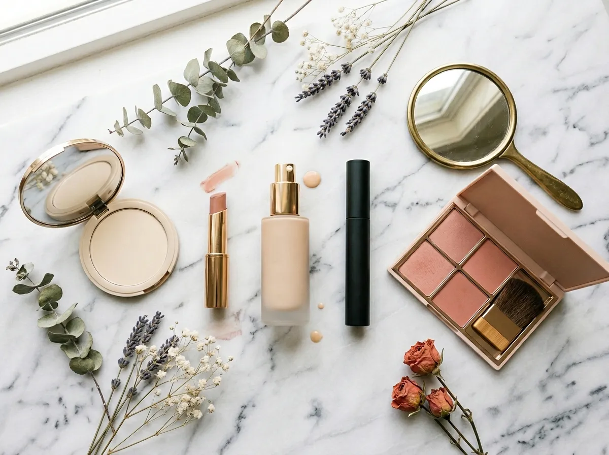 Non-toxic makeup brands including ILIA, RMS Beauty, and Kosas on a vanity