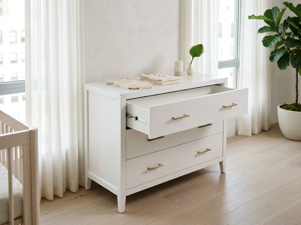 Non-toxic nursery dresser with soft drawer pulls in a luxury nursery with organic bedding