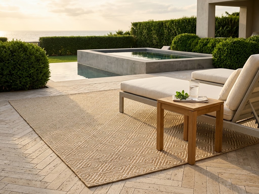 Non-toxic outdoor rug in sand and ivory tones on a stone patio with aluminum chairs and a teak side table