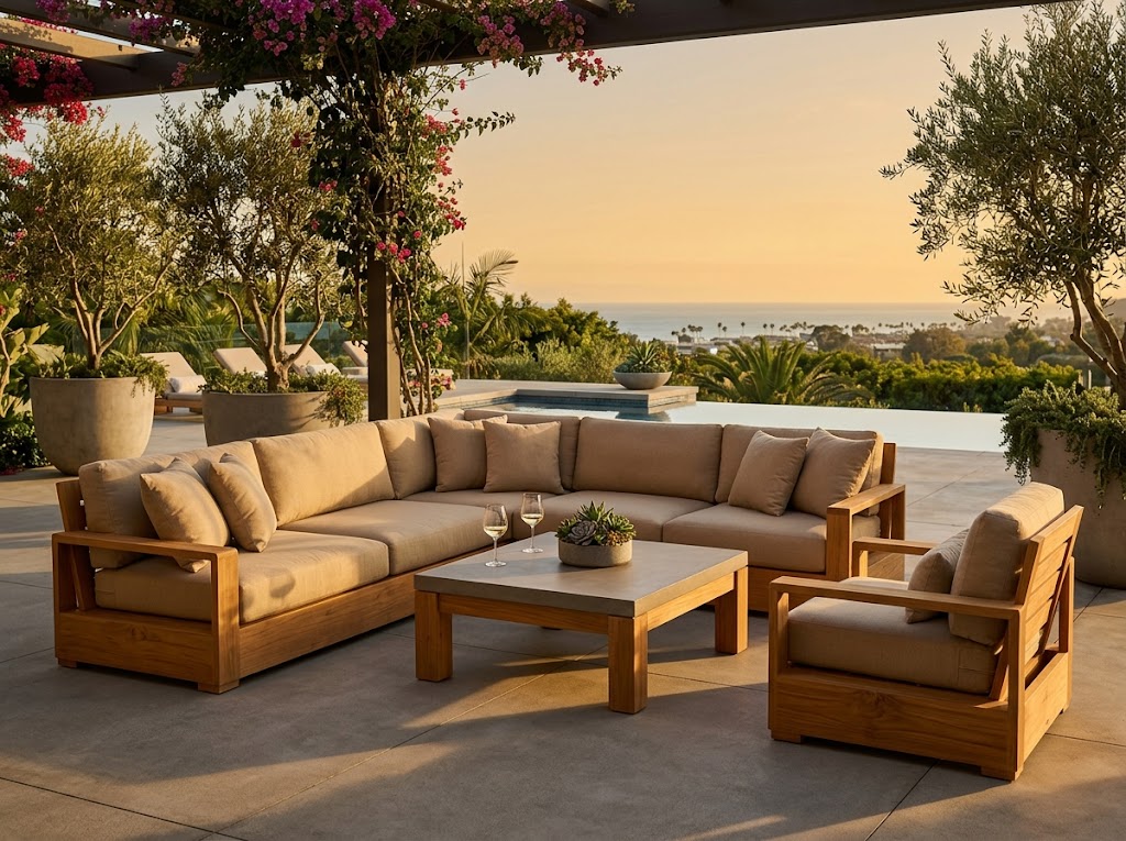 Non-toxic teak and powder-coated aluminum patio furniture on a luxury outdoor terrace surrounded by potted olive trees