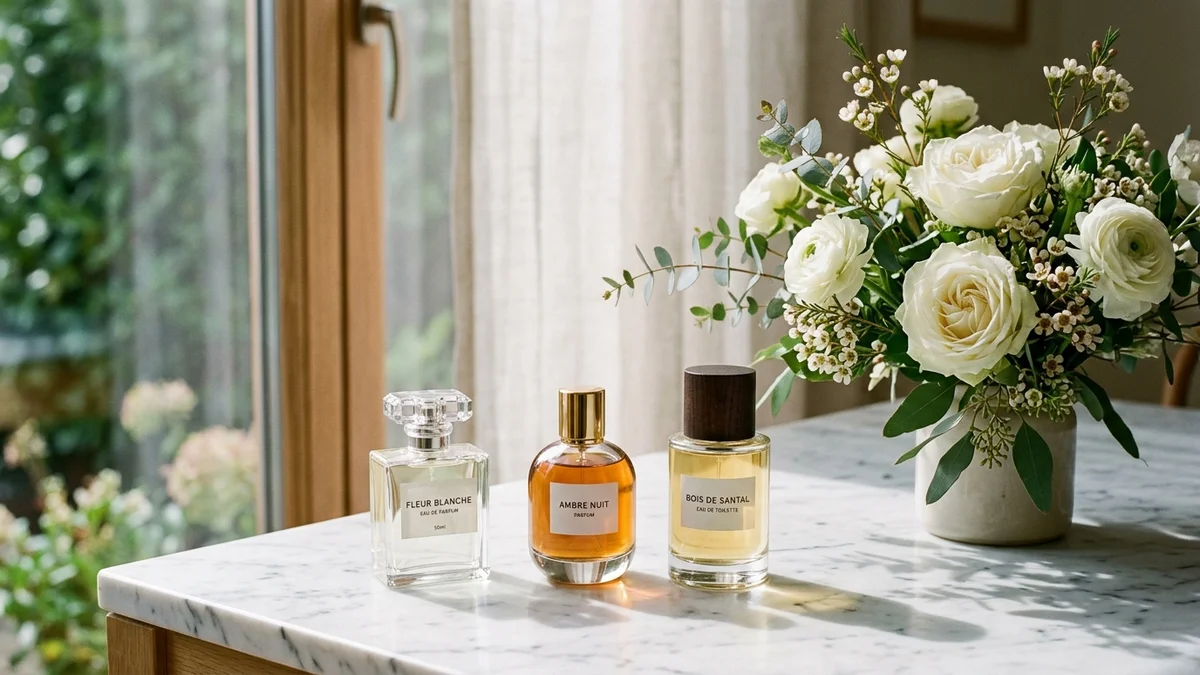 Non-toxic perfume bottles on a vanity with dried botanicals
