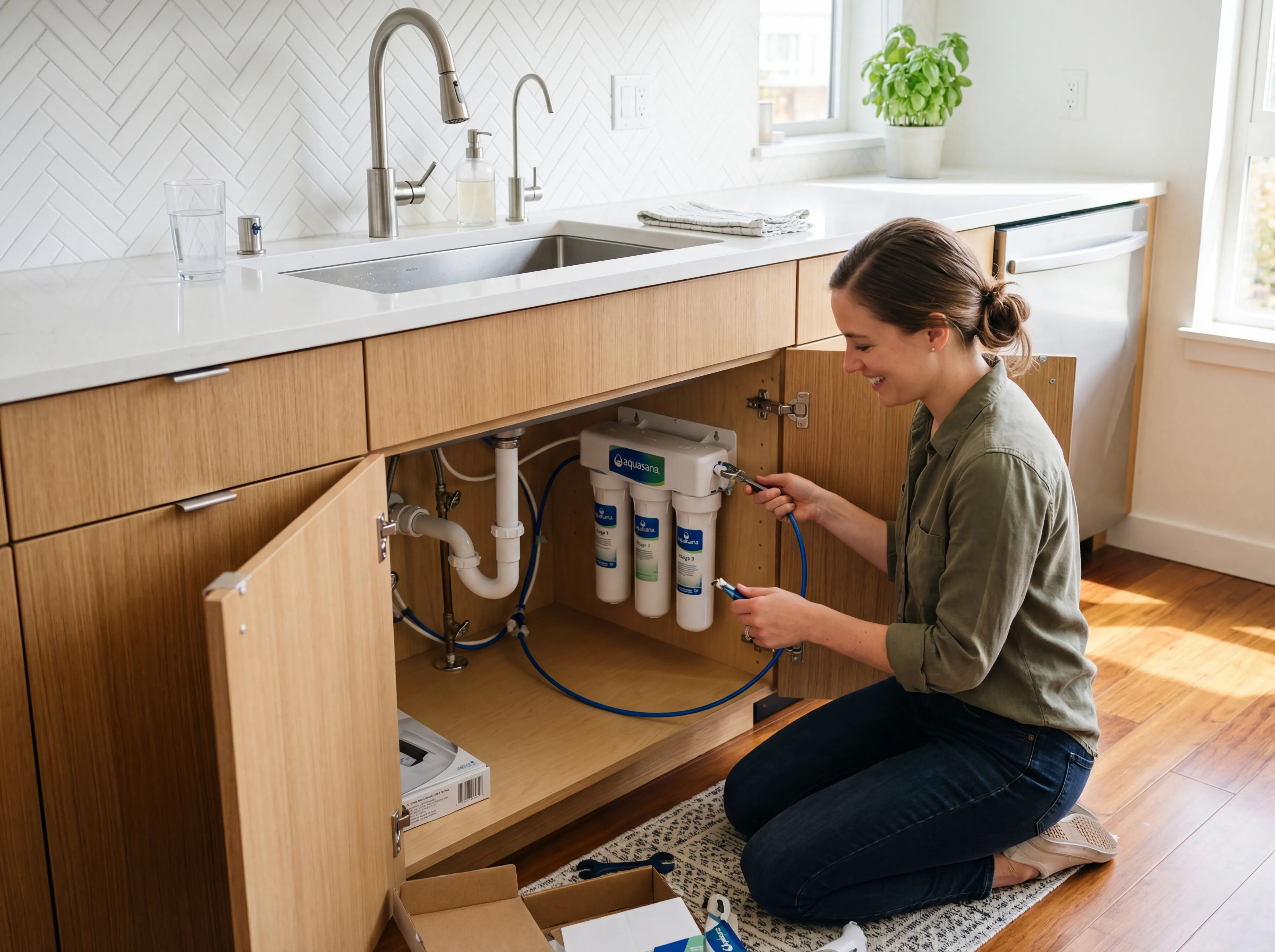 Under sink water filter installed in apartment kitchen