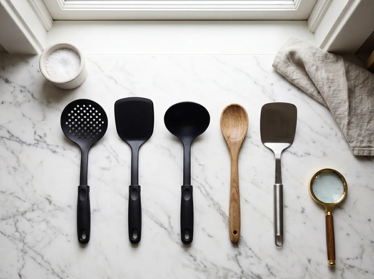 Black plastic kitchen utensils on a white marble countertop next to a wooden spoon and stainless turner