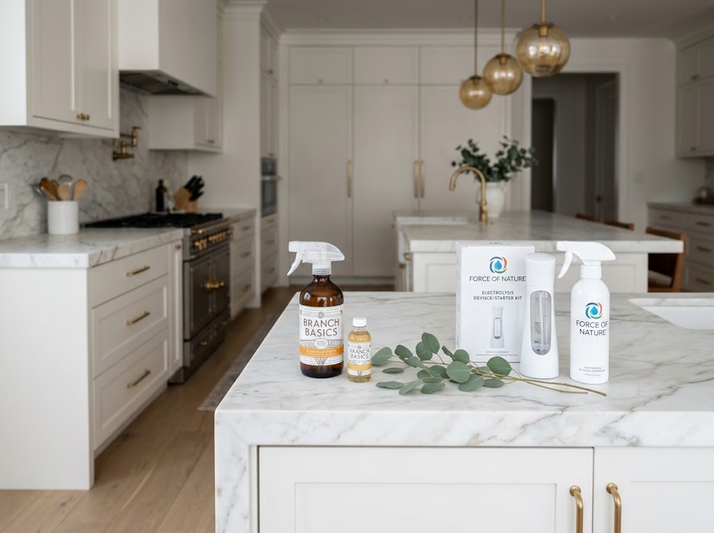 Branch Basics concentrate bottle and Force of Nature starter kit side by side on a white marble kitchen counter