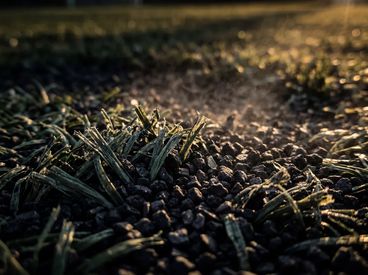 Close up of weathered black crumb rubber infill scattered across artificial turf blades with warm sunlight
