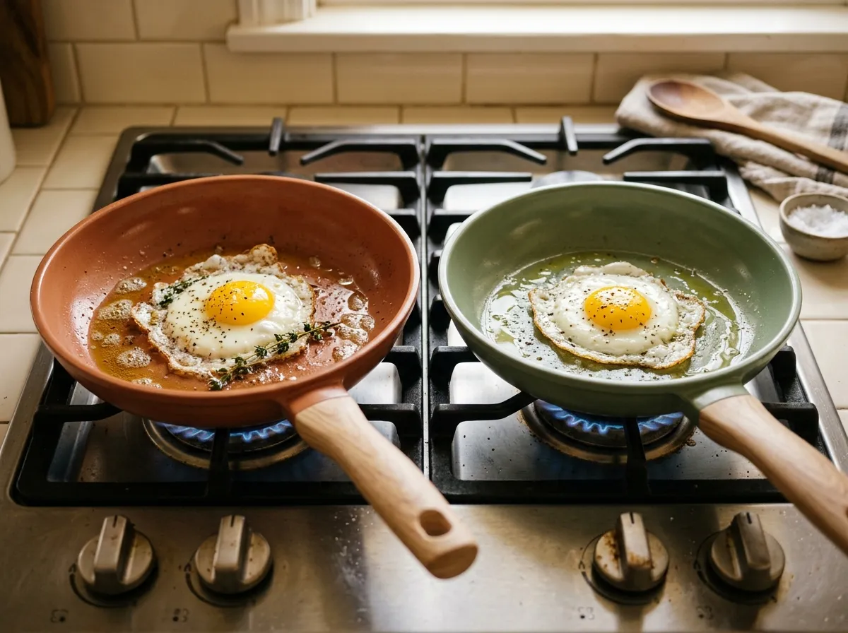 Caraway vs GreenPan ceramic cookware sets shown side by side on a kitchen counter