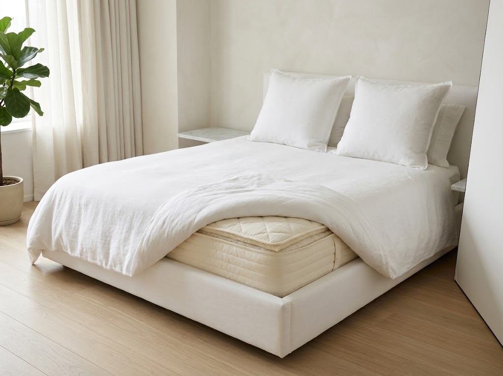 Casper vs Avocado mattress comparison shown in a bedroom with white organic linen and natural latex edge