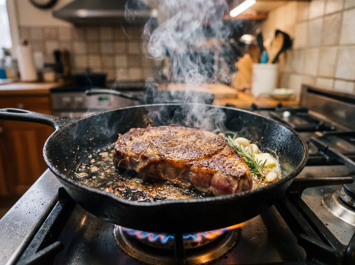Lodge cast iron skillet next to Le Creuset enameled Dutch oven on a kitchen counter