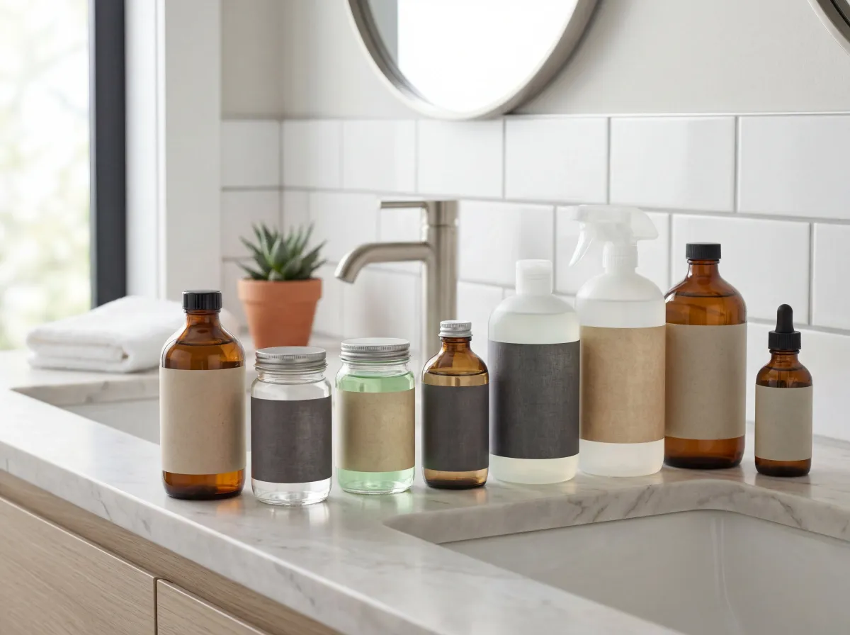 Is Mrs Meyers non-toxic: plant-themed cleaning spray on a kitchen counter next to fresh herbs