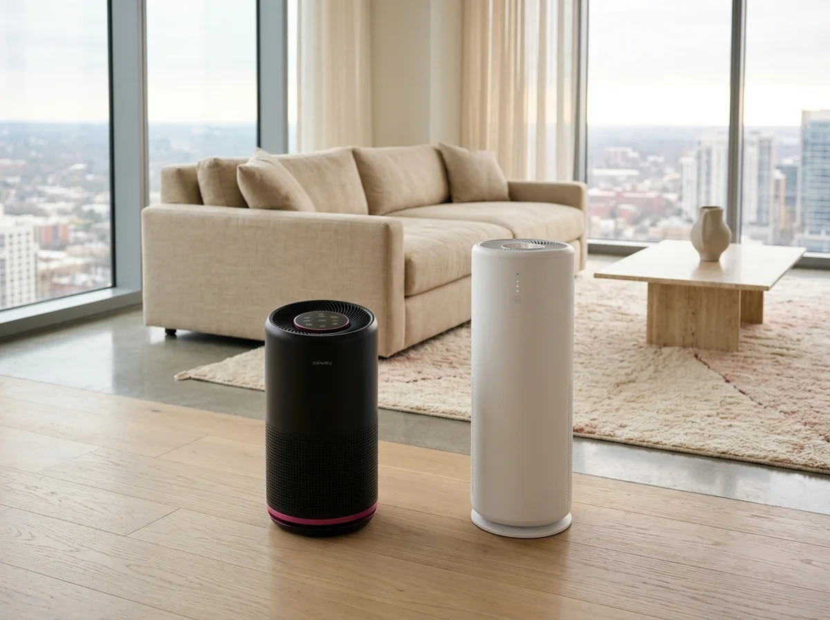 Coway AP-1512HH and Levoit Core 300 air purifiers side by side on a white shelf in a modern living room