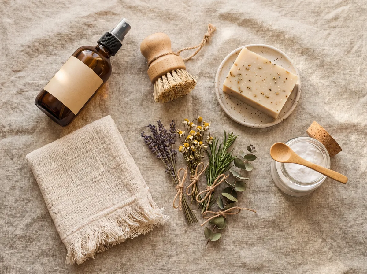 Aesthetic flat lay of a crunchy girl wellness kit on soft beige linen with glass spray bottle and natural products