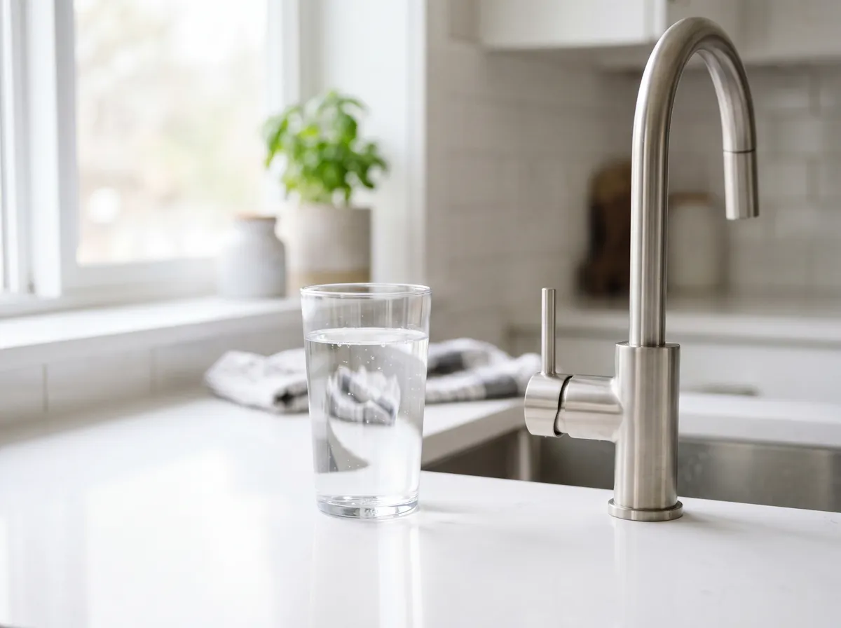 EPA microplastics rule context: clear glass of water on a kitchen counter beside a stainless steel faucet