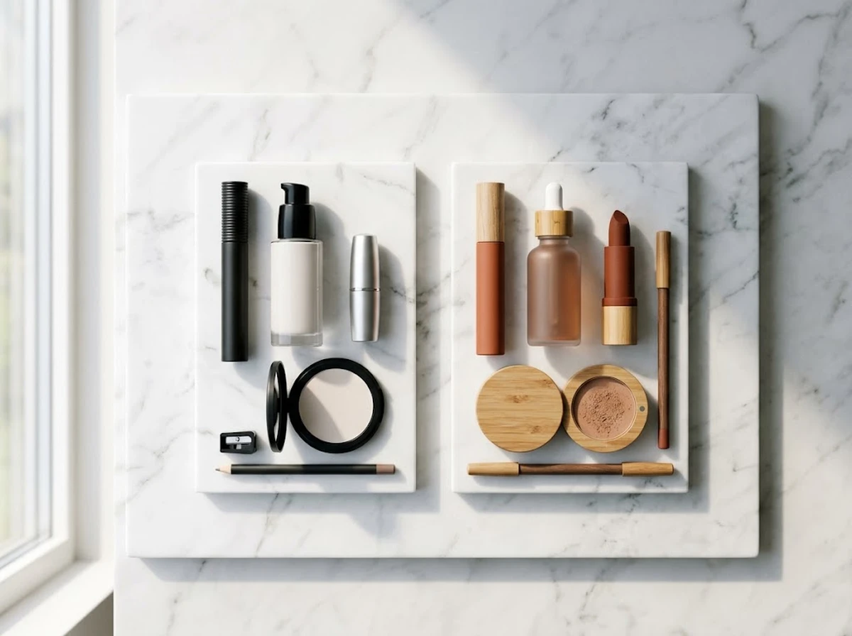 Side-by-side flat lay of conventional cosmetics with PFAS ingredients versus clean beauty alternatives with PFAS-free labels