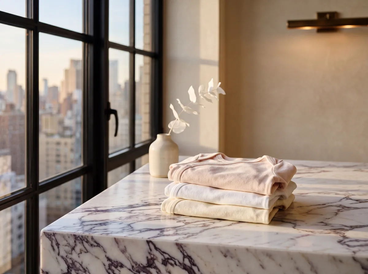 Formaldehyde in baby clothing context: organic cotton baby onesies arranged on a counter