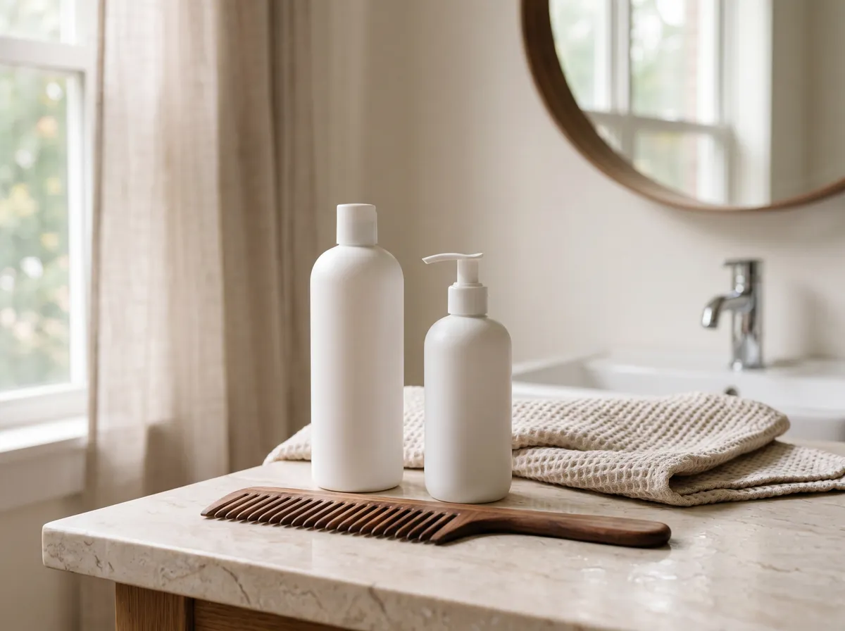 Bathroom counter with neutral hair care products and a soft towel in soft morning light
