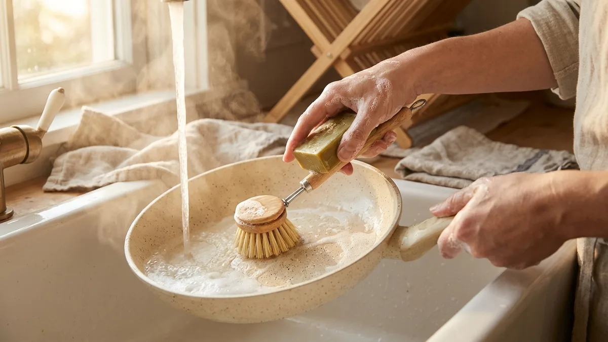 How to care for non-toxic cookware: ceramic pan, cast iron skillet, and stainless steel pot on a wooden countertop
