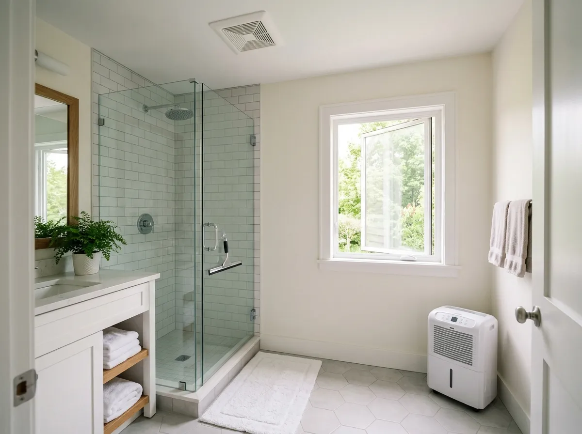 How to prevent mold naturally: natural cleaning spray, houseplants, and a dehumidifier in a bathroom