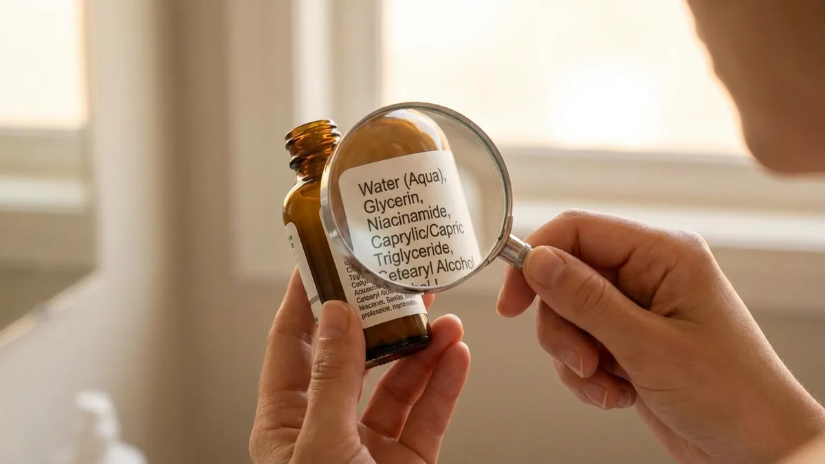 How to read personal care labels: back of a skincare bottle showing INCI ingredient list