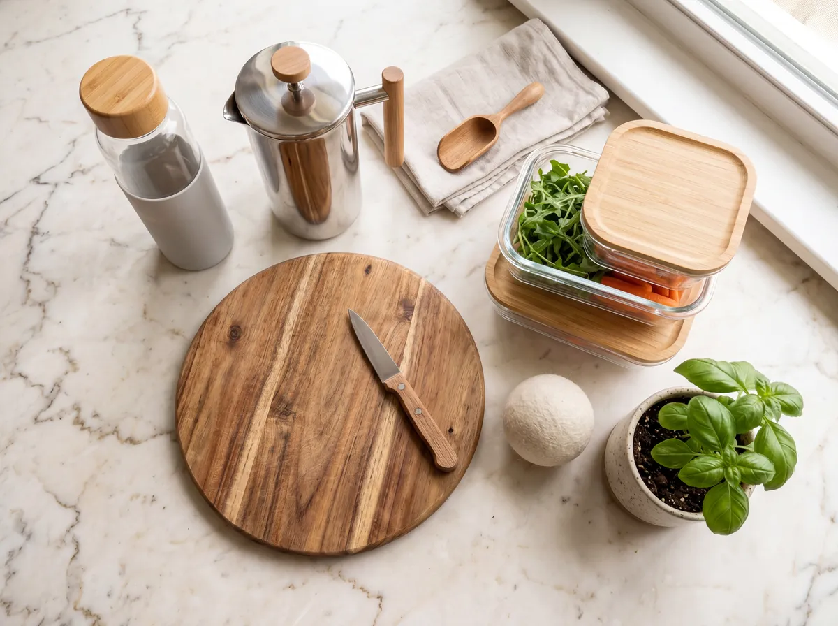 How to reduce microplastic exposure: overhead flat lay of a non-toxic kitchen swap kit on a counter