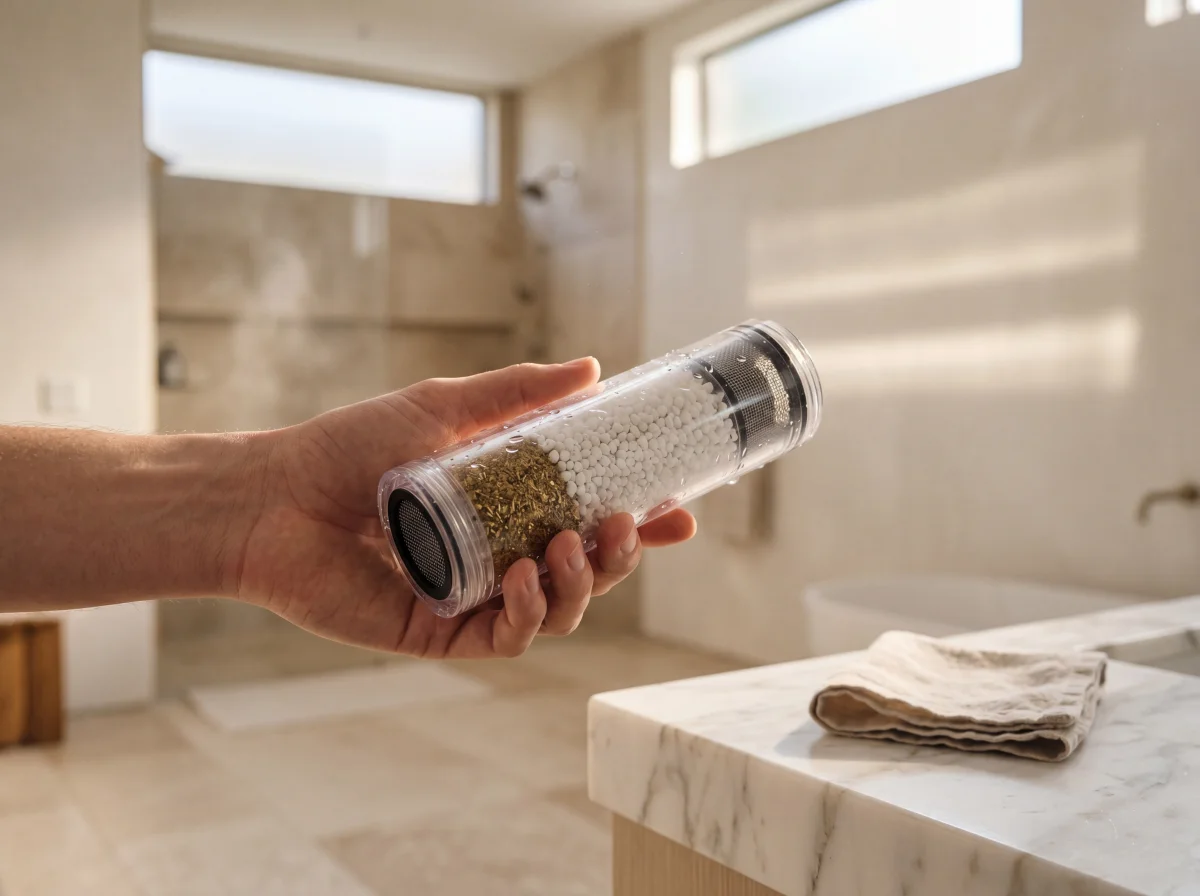 Hand holding a transparent shower filter cartridge showing white calcium sulfite media inside