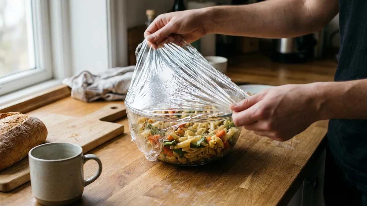 A roll of plastic cling wrap next to a glass food storage container on a kitchen counter