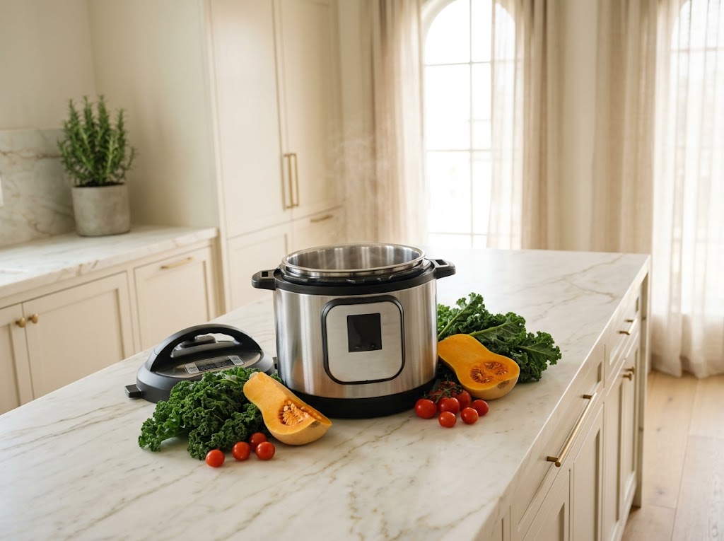 A stainless steel electric pressure cooker with its lid open showing a polished inner pot, surrounded by fresh vegetables on a marble kitchen counter