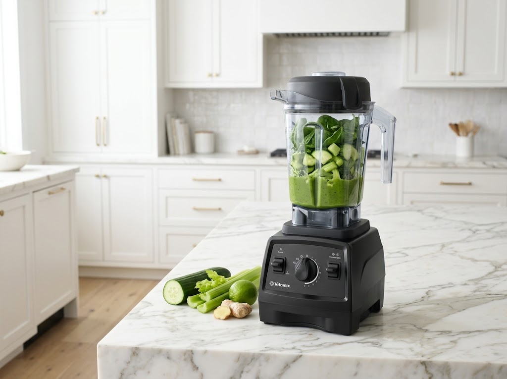 Is Vitamix non-toxic: high-performance blender with green smoothie ingredients on a kitchen countertop