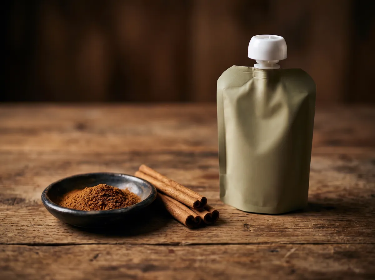Cinnamon sticks, ground cinnamon, and a generic applesauce pouch on a rustic wooden surface