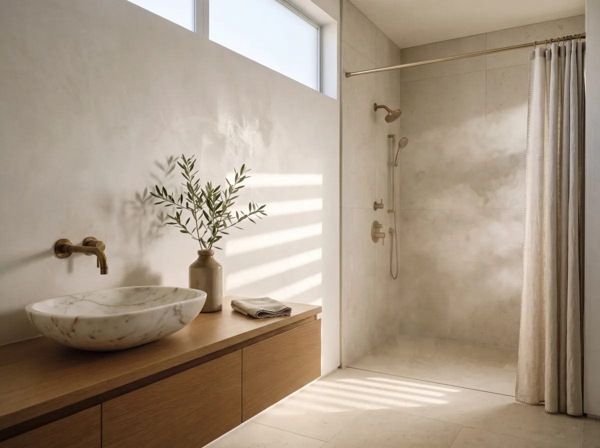 Non-toxic bathroom design featuring a filtered showerhead, natural wood vanity, and morning daylight