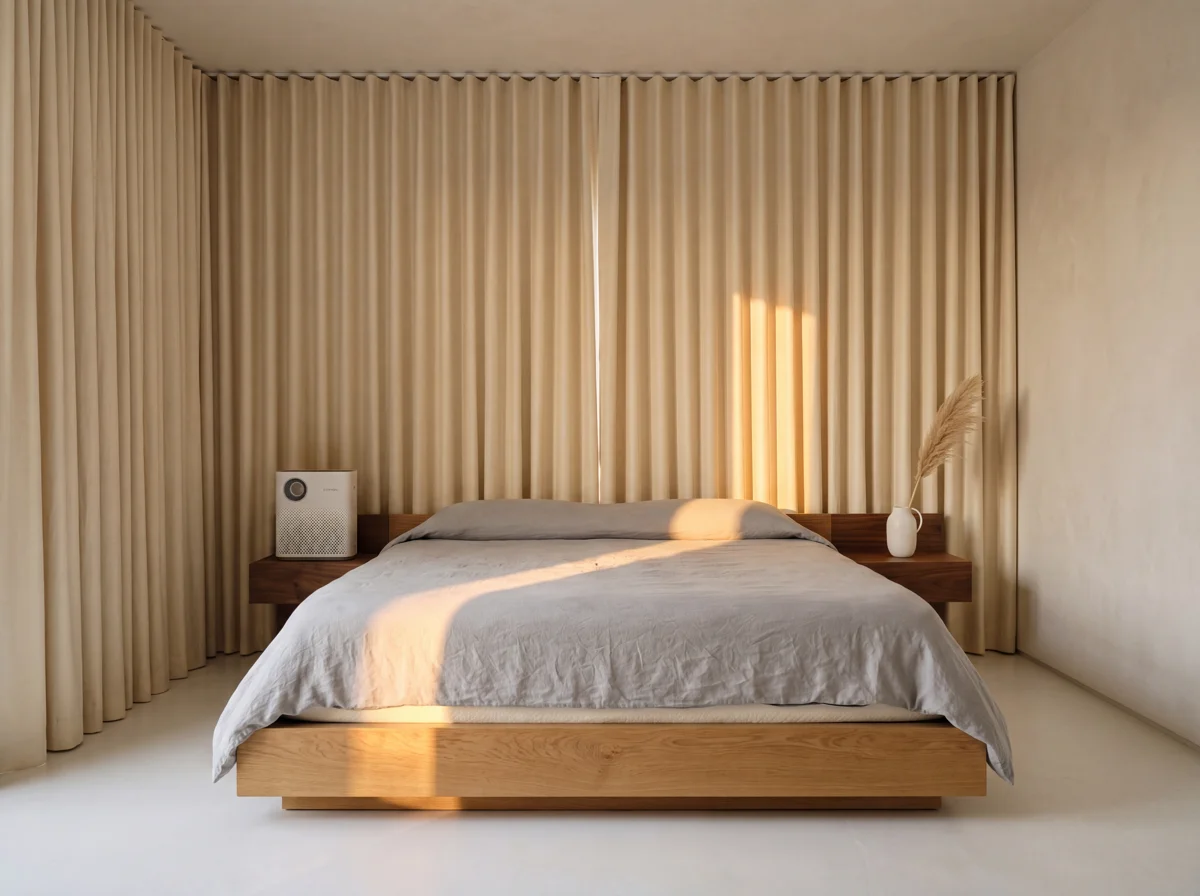 A serene, minimal bedroom with organic linen bedding, blackout curtains, and a HEPA air purifier on the nightstand