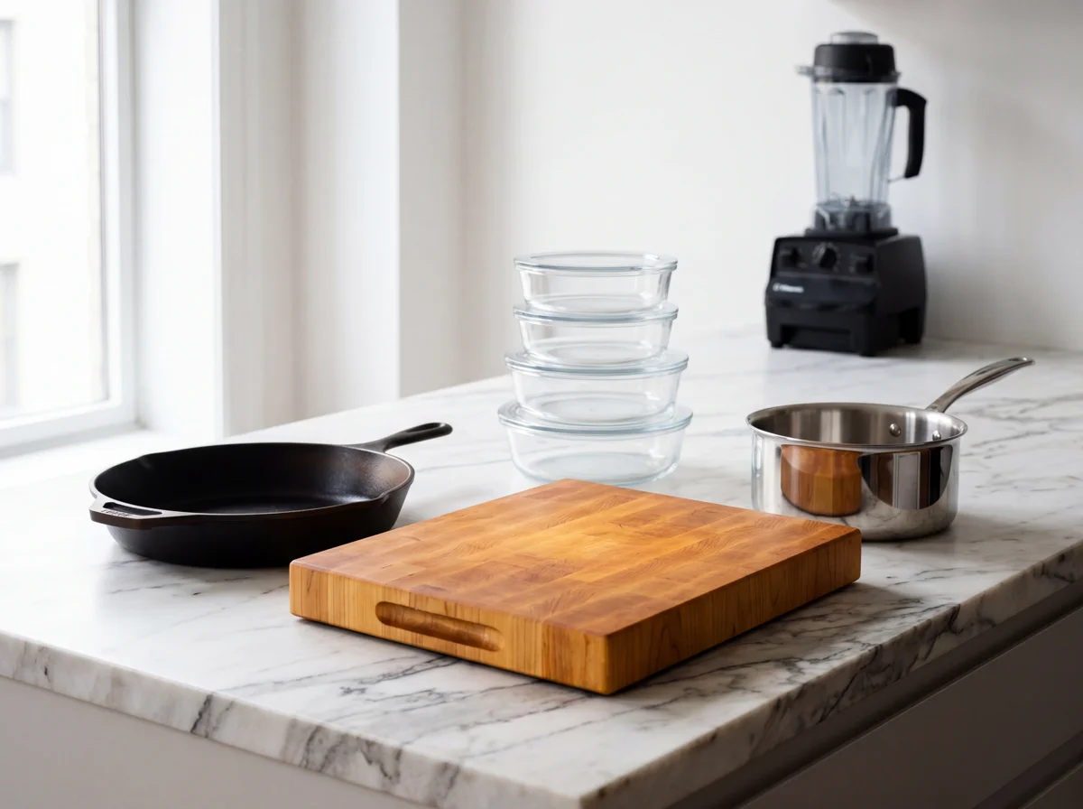A clean, minimal kitchen counter with stainless steel cookware, glass food storage containers, and a wooden cutting board
