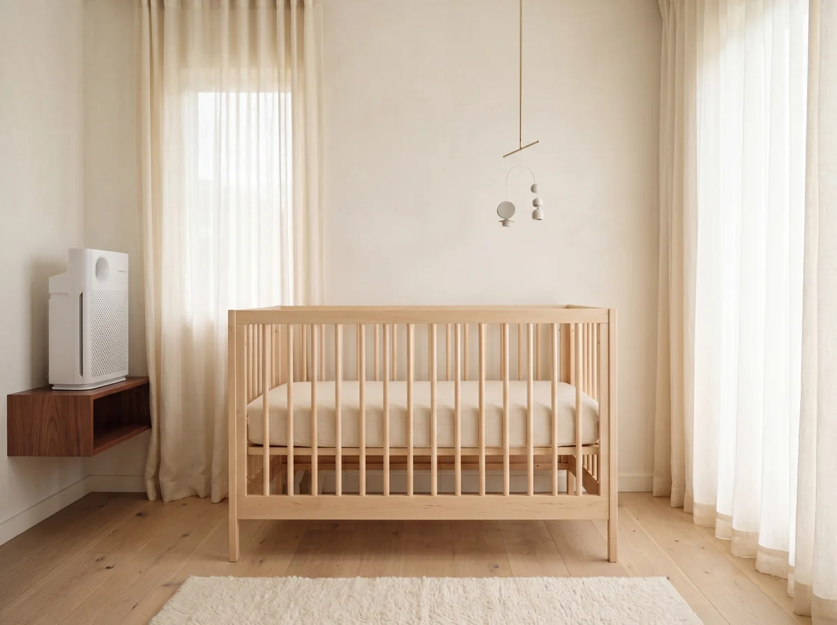 A minimal, serene nursery with a white crib, organic cotton bedding, a small HEPA air purifier, and warm natural light through sheer curtains