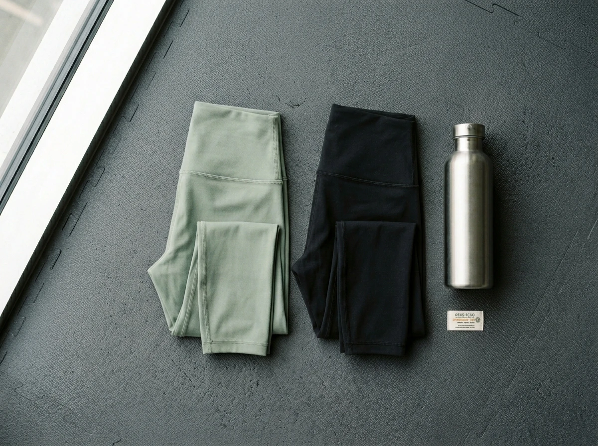 Woman holding PFAS-free activewear next to a Lululemon shopping bag on a gym bench