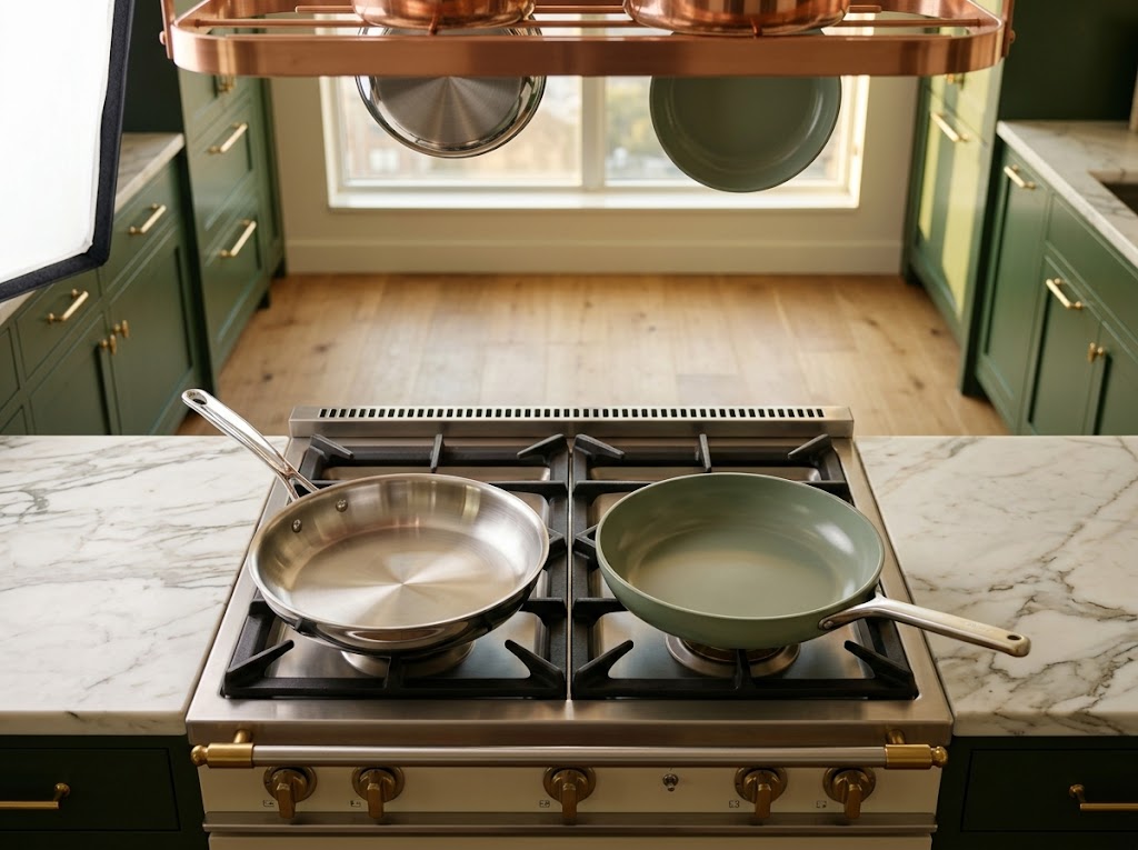 Made In stainless clad frying pan and Caraway ceramic non-stick pan on a professional-grade gas range in a luxury kitchen with marble countertops