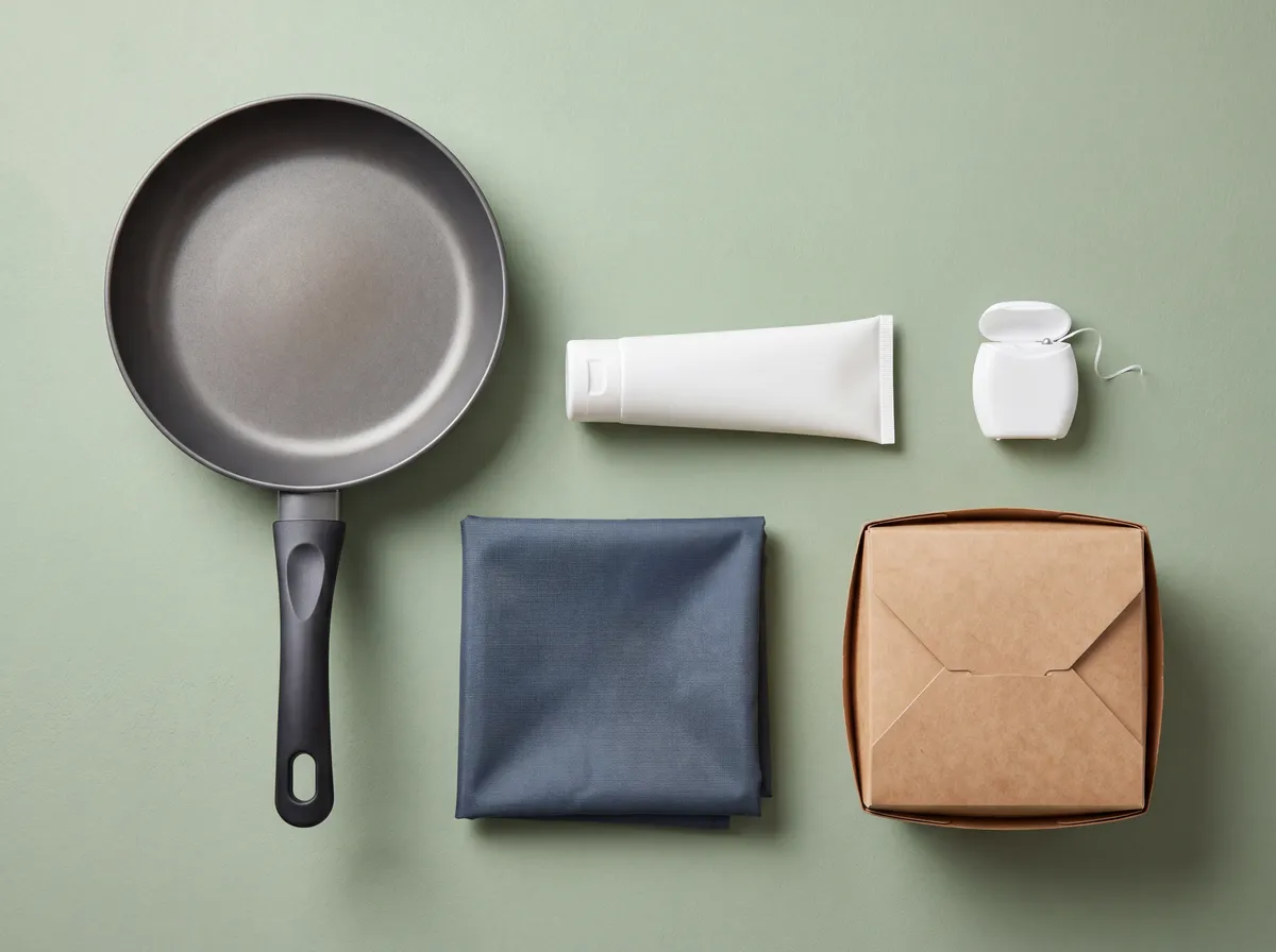 Flat lay of products affected by Maine's PFAS ban arranged on sage green background