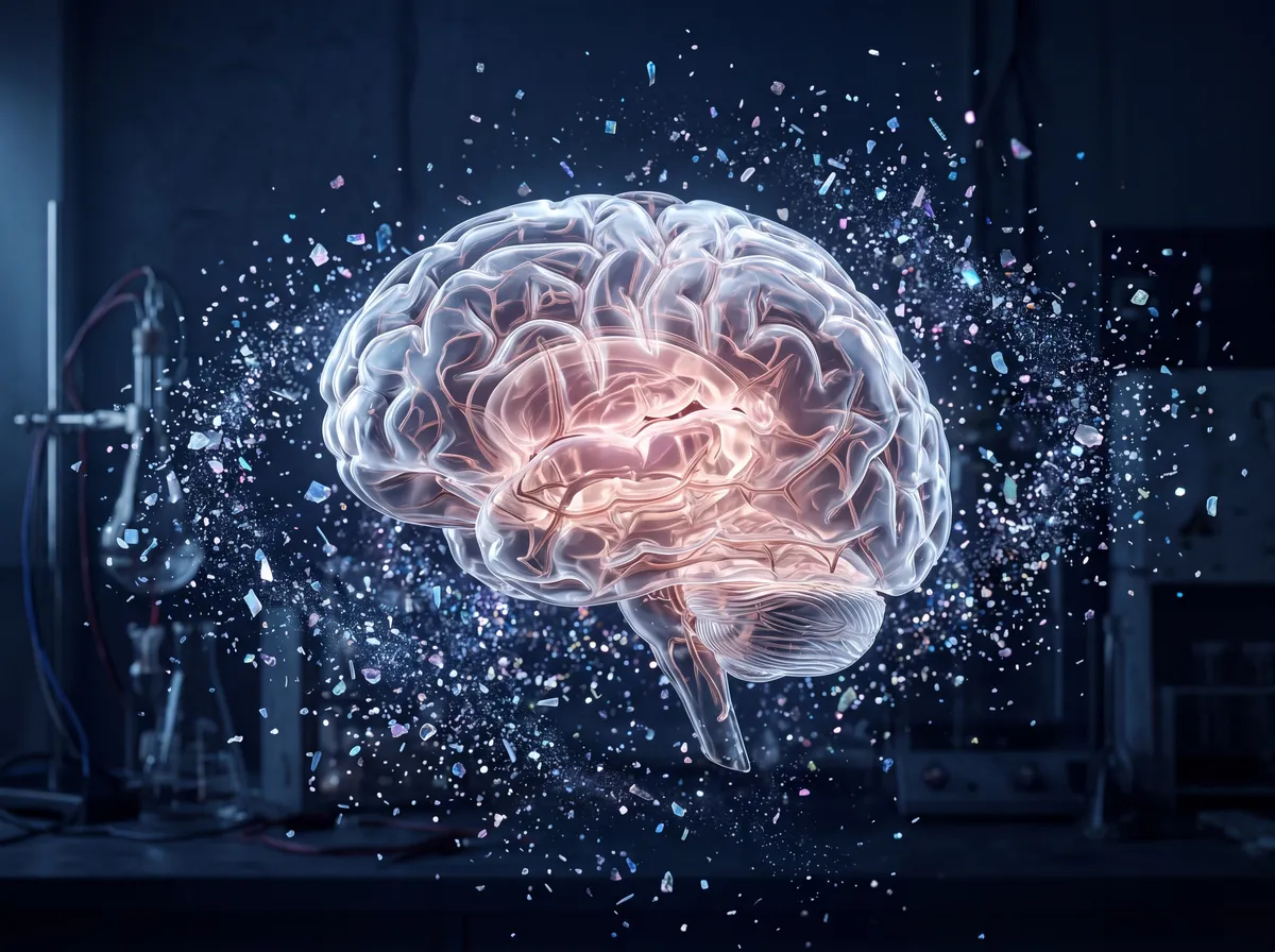 Anatomical illustration of a translucent human brain with microplastic particles suspended around it