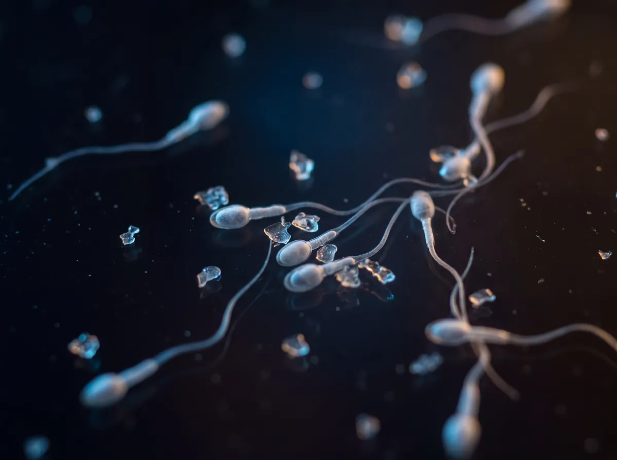 Scientific microscope view of human sperm cells with microplastic particles