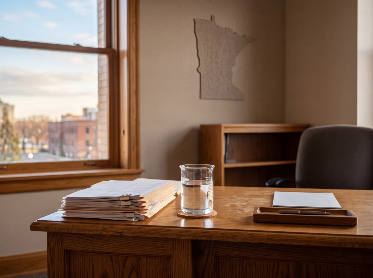 Wooden government desk with disclosure paperwork and a glass beaker of clean water