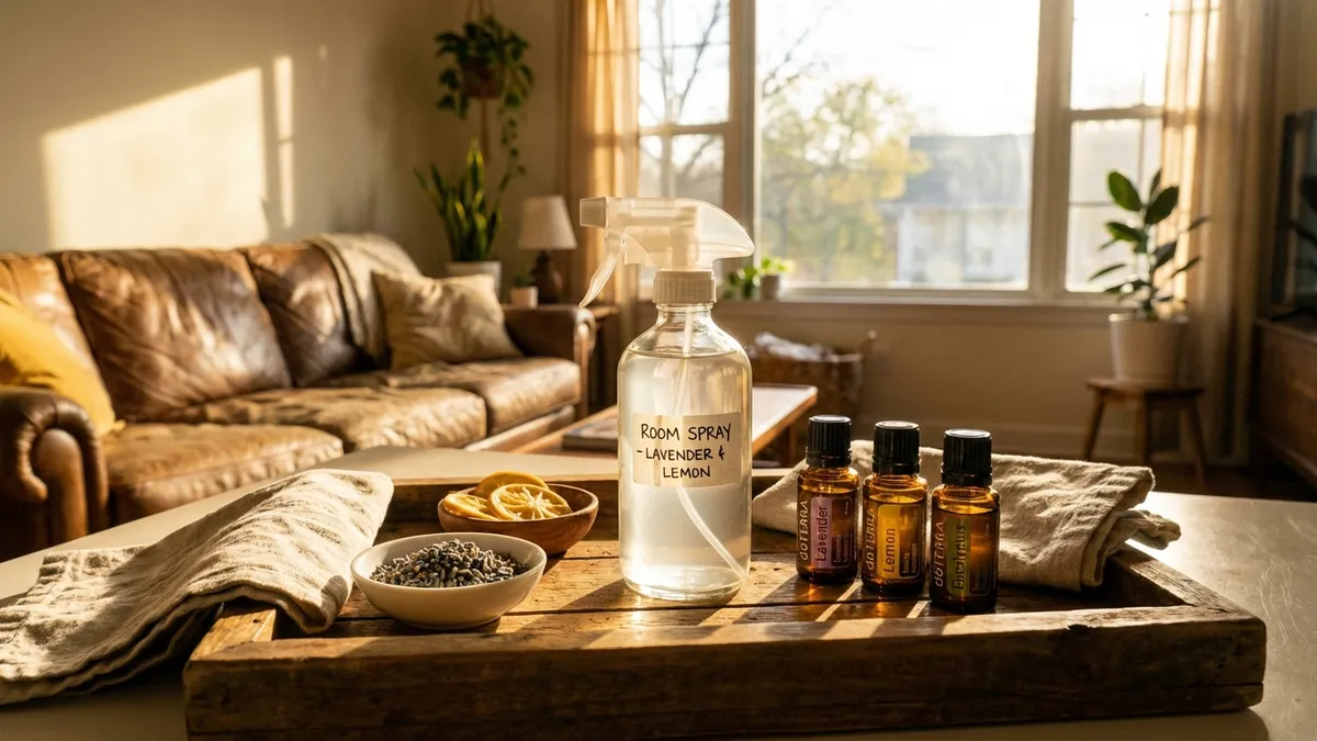 Non-toxic alternative to Febreze: essential oil diffuser and houseplant on a side table in a living room